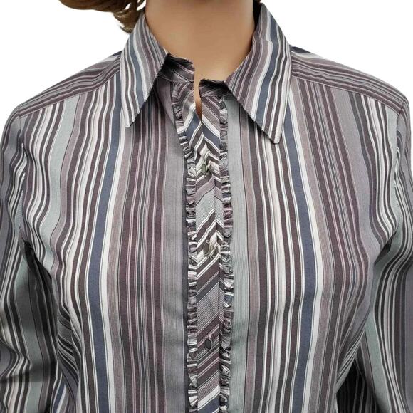 Elie Tahari Blouse Ruffled Front Cuffs S Button down Purple Multicolor Striped - Picture 3 of 12